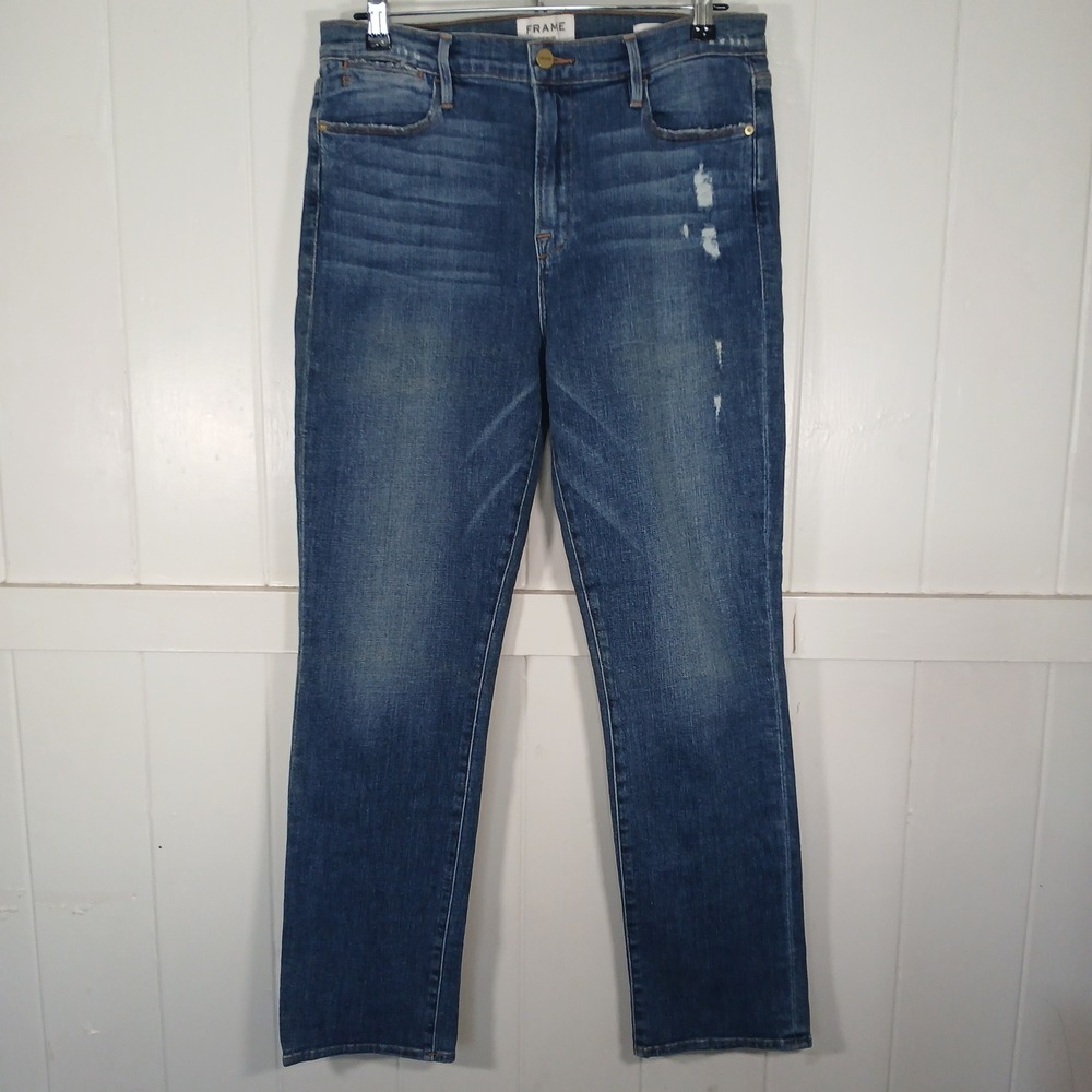 FRAME Le High Straight Jeans Womens 32 x 30 Blue Sunny Garden Distressed LHST133